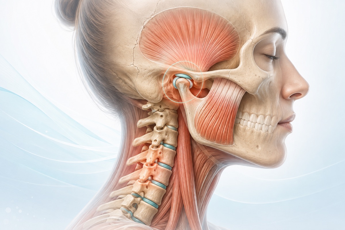 Anatomische Darstellung von Kiefergelenk, Kaumuskulatur und Halswirbelsäule bei CMD