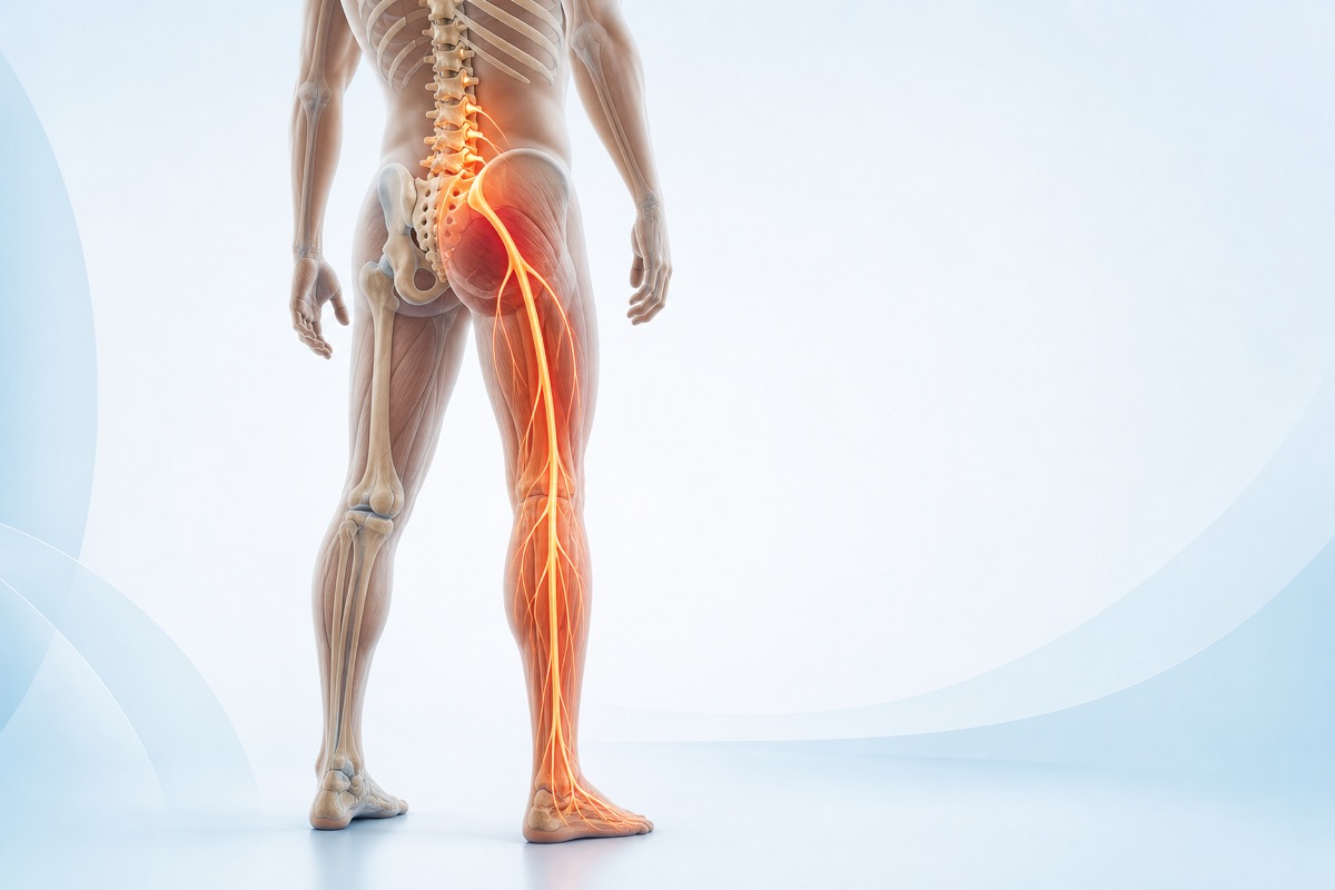 Anatomische Darstellung des Ischiasnervs von der Lendenwirbelsäule bis ins Bein