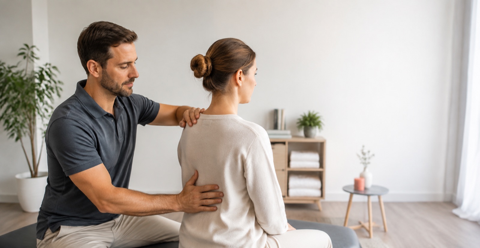 Osteopath untersucht den Rücken einer sitzenden Patientin